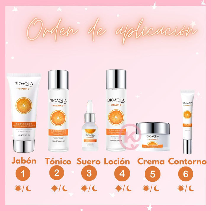 BIOAQUA x6 (VITAMINA C) Cuidado de la Piela + Crema Facial Hidratante + Blanqueadora + Antienvejecimiento + Limpiador Facial + Contorno de Ojos