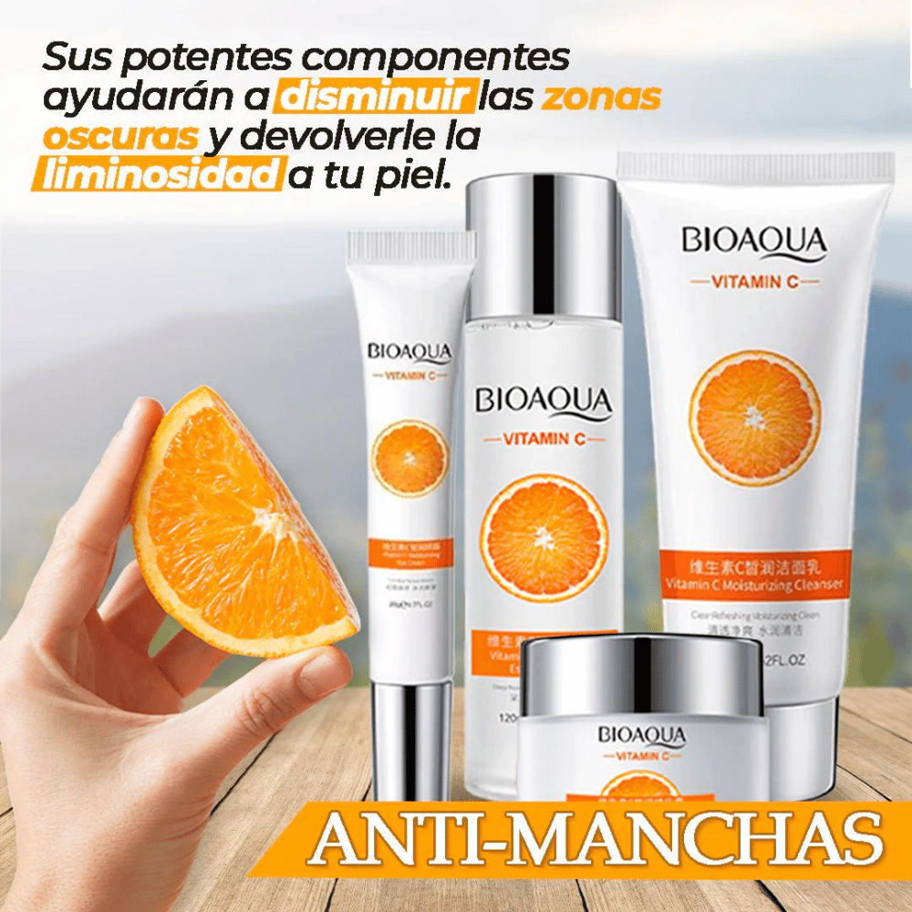 BIOAQUA x6 (VITAMINA C) Cuidado de la Piela + Crema Facial Hidratante + Blanqueadora + Antienvejecimiento + Limpiador Facial + Contorno de Ojos