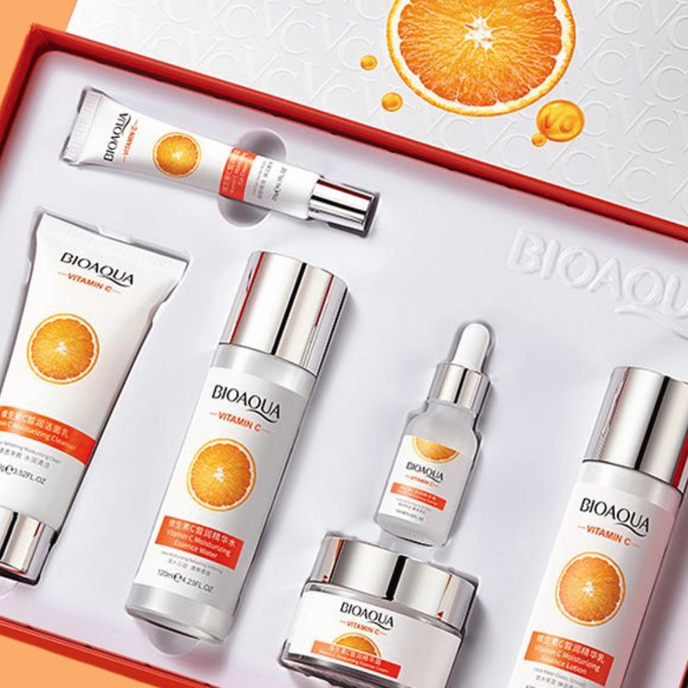 BIOAQUA x6 (VITAMINA C) Cuidado de la Piela + Crema Facial Hidratante + Blanqueadora + Antienvejecimiento + Limpiador Facial + Contorno de Ojos