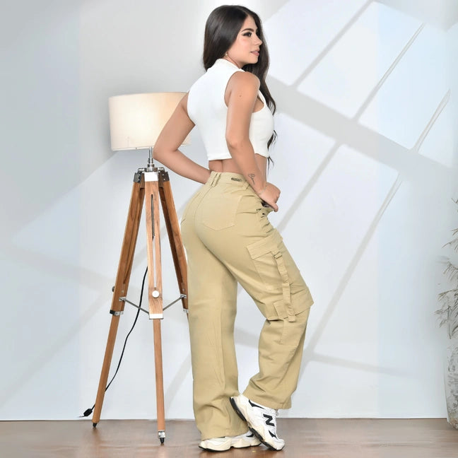 PANTALÓN CARGO TIRO ALTO TIPO DRILL STRECH CON REALCE DE GLUTEOS🍑