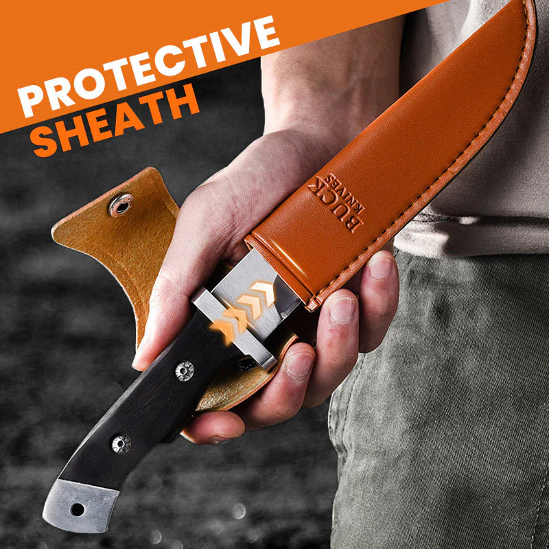 KNIFE STEEL® Cuchillo multiusos ultrafilado en acero inoxidable con funda de lujo en cuero