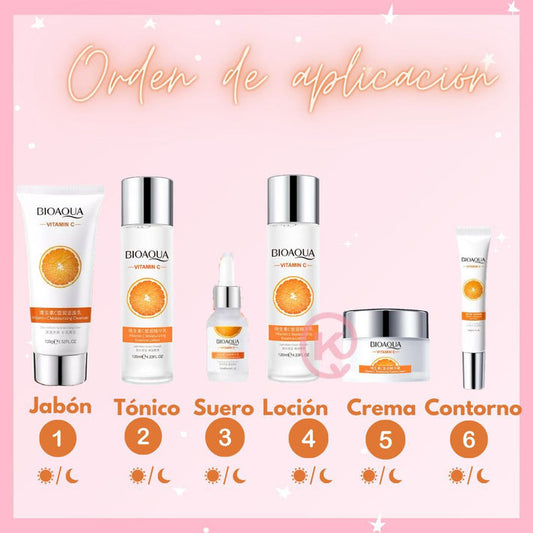 BIOAQUA x6 (VITAMINA C) Cuidado de la Piela + Crema Facial Hidratante + Blanqueadora + Antienvejecimiento + Limpiador Facial + Contorno de Ojos